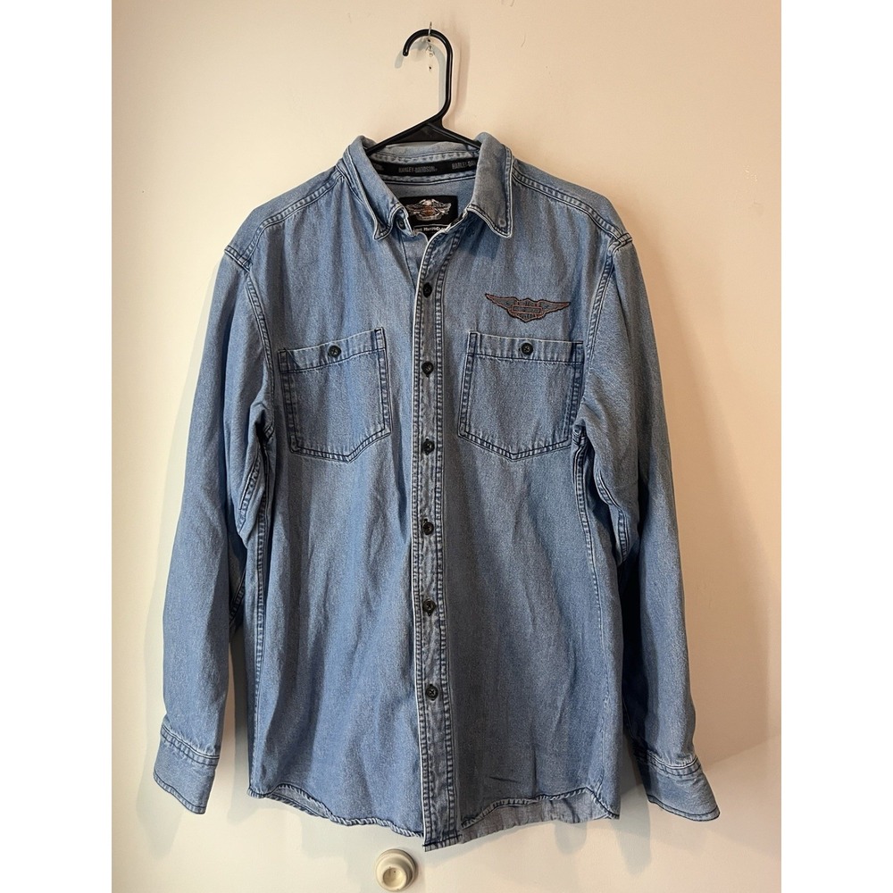 Harley Davidson Denim Shirt Spell Out Logo Men's medium‎ Pockets